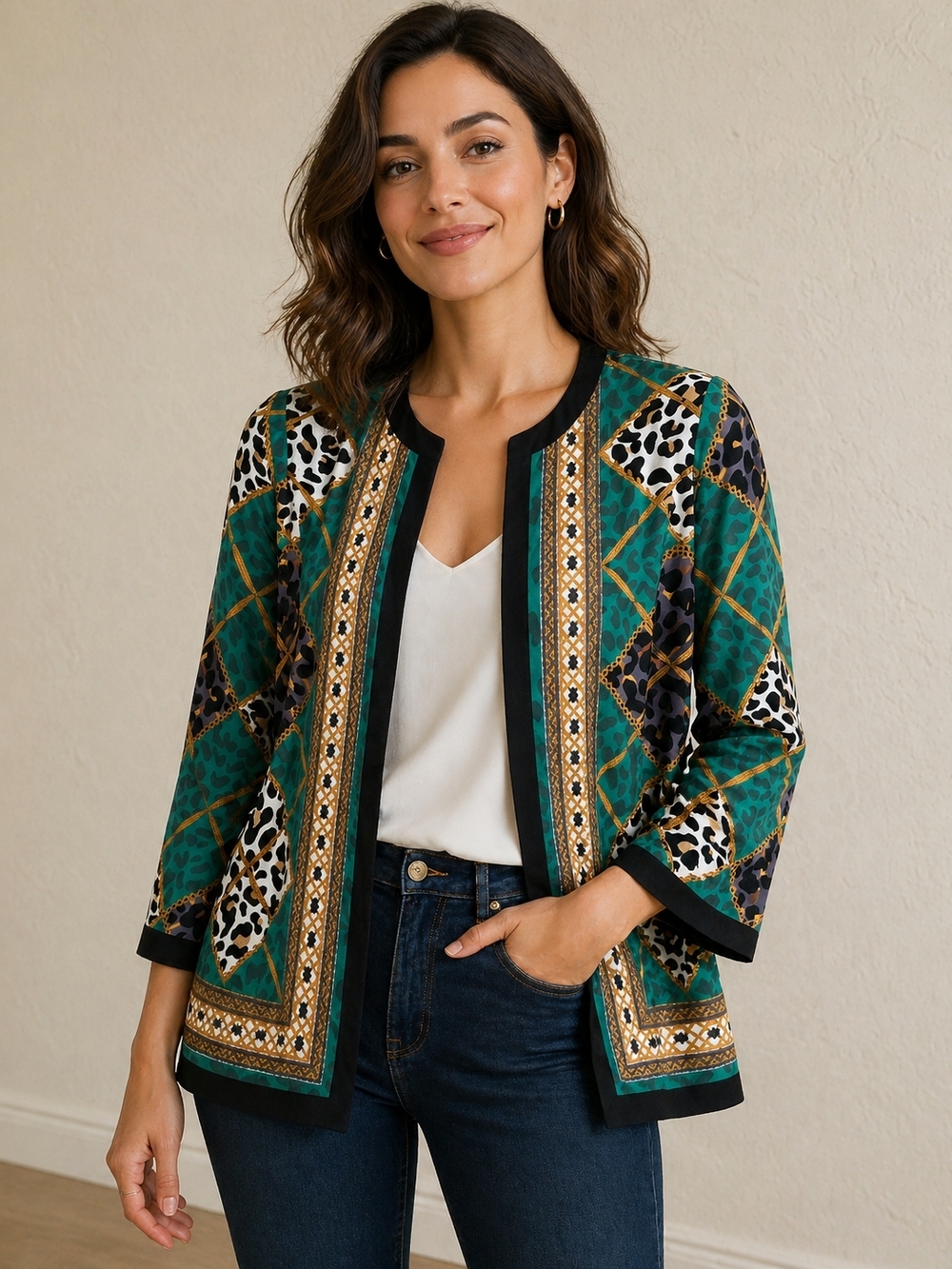 WOLF Vintage 80s Green Patterned Open-Front Blazer Gold & Black Trim Size 0X